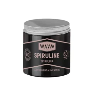 Pot de 60 gélules de spiruline bio WAAM – complément alimentaire naturel pour l’énergie, la vitalité et les défenses immunitaires.