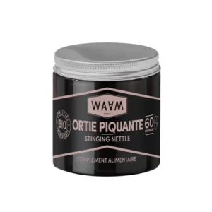 Pot de 60 gélules d’ortie piquante bio WAAM – complément naturel pour la beauté des cheveux, des ongles et le confort articulaire.