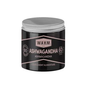 Complément alimentaire WAAM Ashwagandha BIO – Pot de 60 gélules végétales pour la gestion du stress, de l’anxiété et de la fatigue.